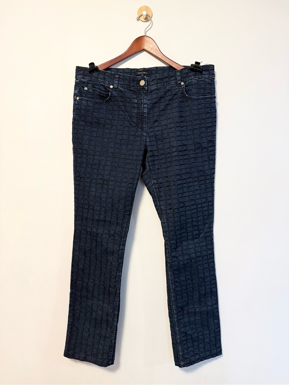 Escada Navy Blue Textured Jeans with Gold Button (Unworn Condition) US 18-20